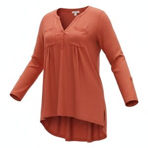 Merona Womens XXL Orange Red High Low Tunic Roll Tab Long Sleeve Blouse Top